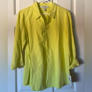 Ellen Tracy Linen Blend Lemon Yellow Roll Tab Popover Blouse - Sz L NWT